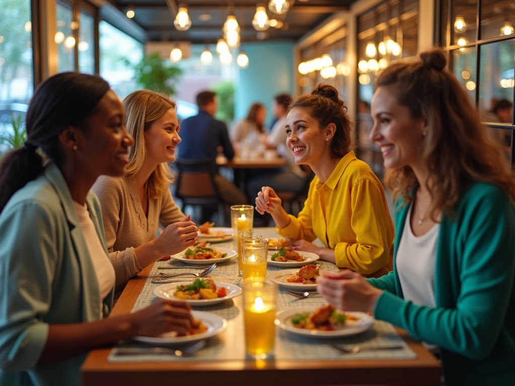 Cztery kobiety jedzące kolację i rozmawiające w przytulnej restauracji.