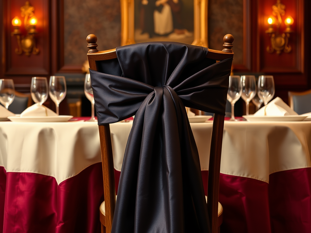 Krzesło z elegancką kokardą w restauracji, z przygotowanym stołem i kieliszkami w tle.