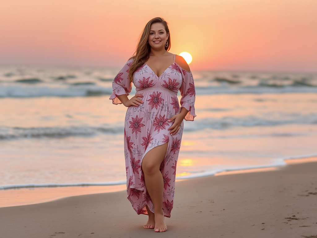 Kobieta w liliowej sukience spaceruje po plaży o zachodzie słońca, w tle fale i delikatne kolory nieba.