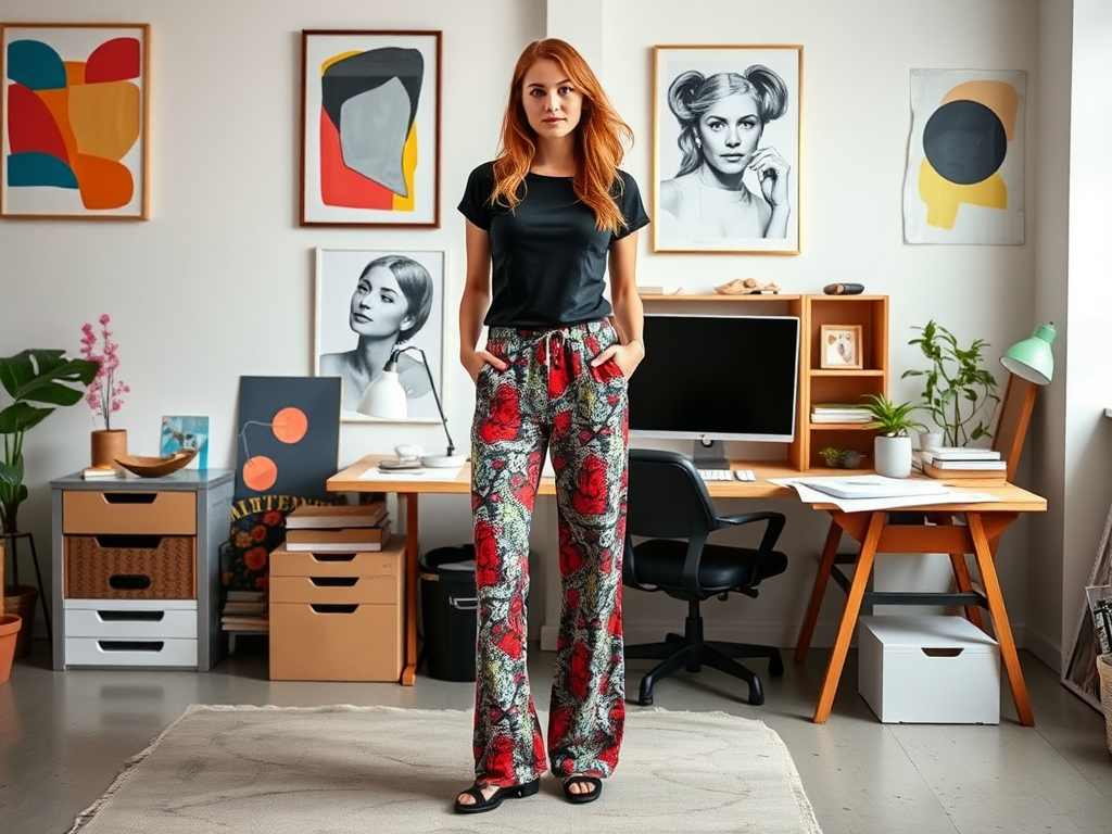 Kobieta w kolorowej spódnicy i czarnym t-shircie stoi w nowoczesnym biurze, otoczona sztuką i roślinami.