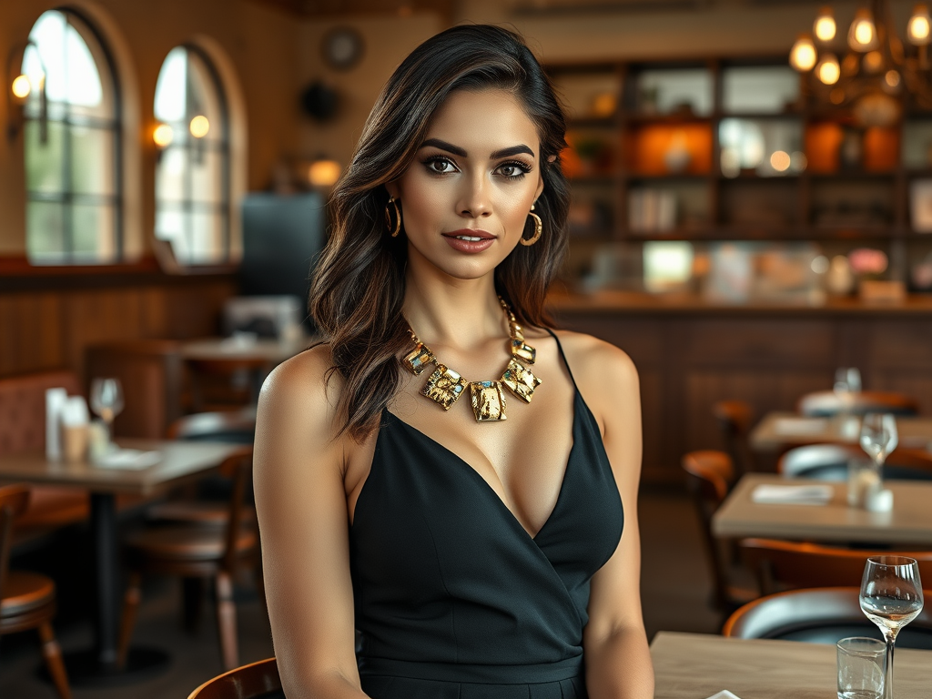 Kobieta w czarnej sukience z biżuterią stoi w eleganckiej restauracji, wygląda na pewną siebie.