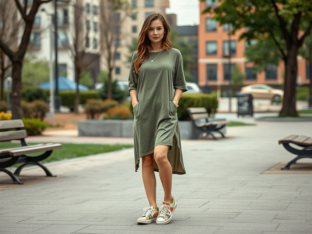 Młoda kobieta stoi na chodniku w parkowej scenerii, ubrana w zieloną sukienkę z kieszeniami i sportowe buty.